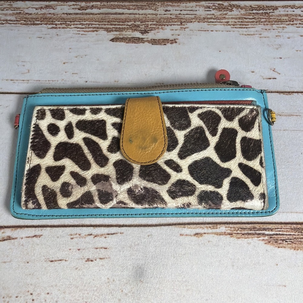 Soruka Kimber Leather Crossbody Clutch Wallet Animal Print Heavy Wear